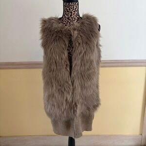 Cliche Couture Womens Faux Fur Front Knit Back Longline Vest Taupe Wool Mix Sz S